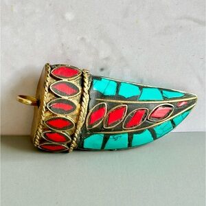 Handmade Horn Pendant, Turquoise/Red/Brass